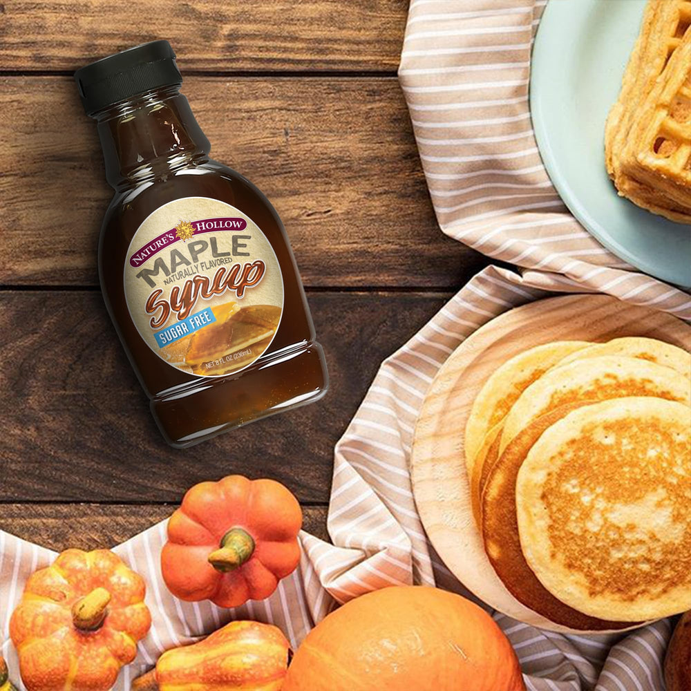 Nature's Hollow gluten-free syrup label highlighting calories per serving.