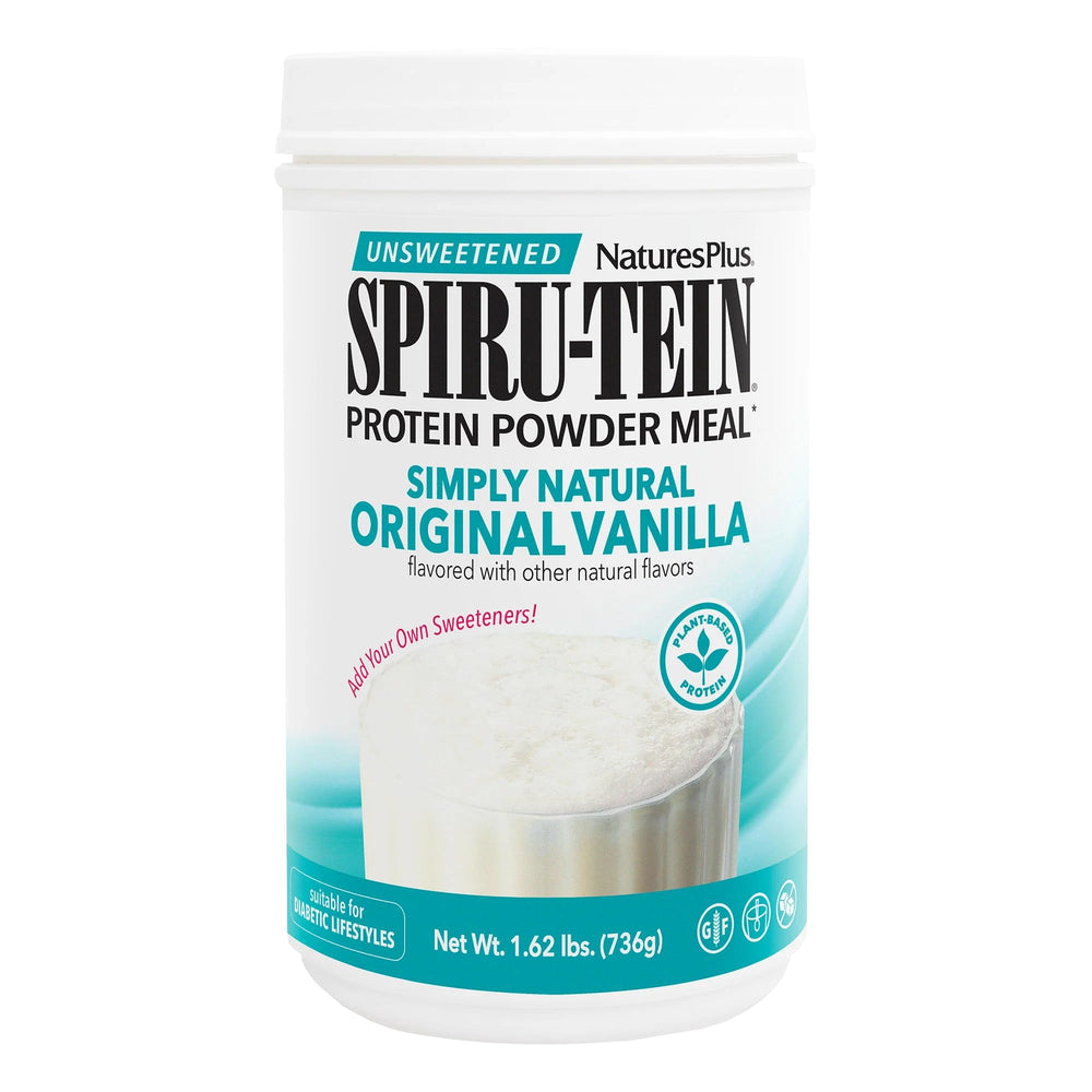 NaturesPlus Spirutein vanilla bottle for a convenient plant-based protein option