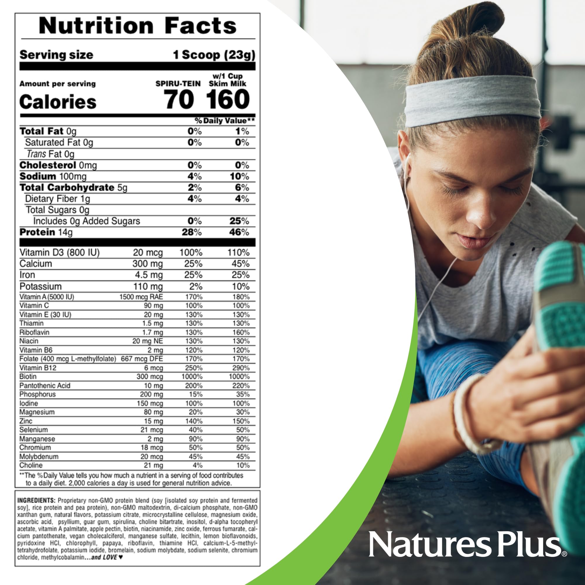 Close-up nutrition label of Spirutein vanilla for serving information