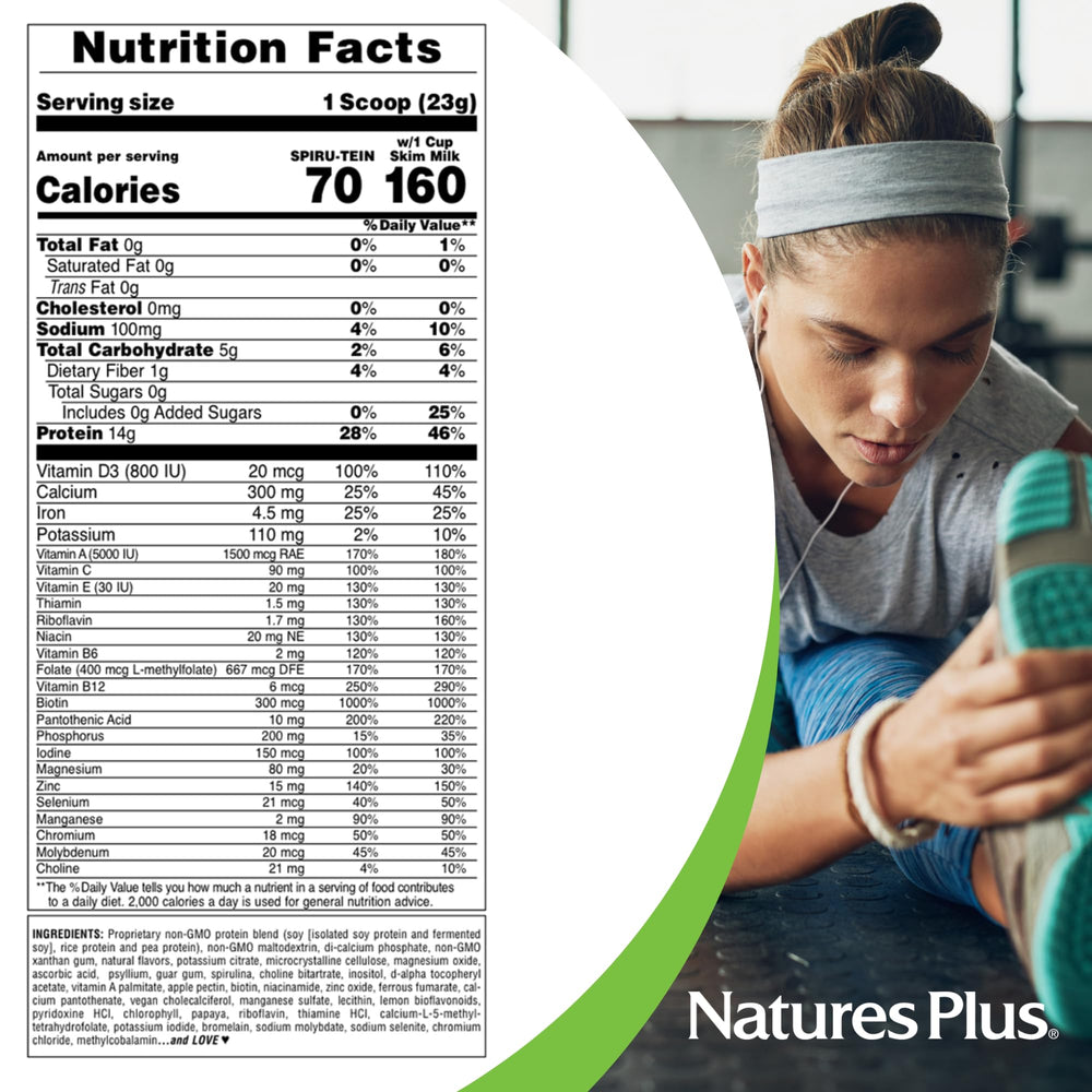 Close-up nutrition label of Spirutein vanilla for serving information