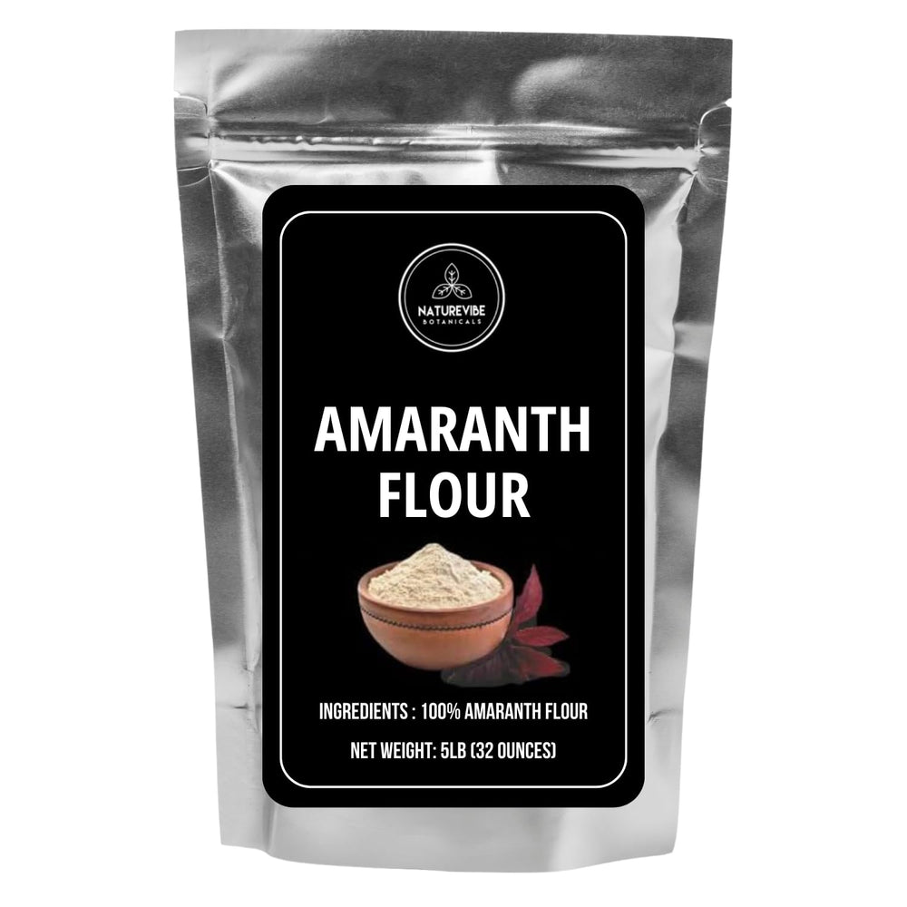Naturevibe Botanicals Amaranth Flour packaging front shows gluten-free, protein-rich flour.