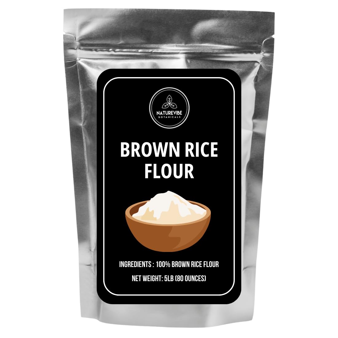 Naturevibe Botanicals brown rice flour 5 lb pack in a resealable bag for freshness.