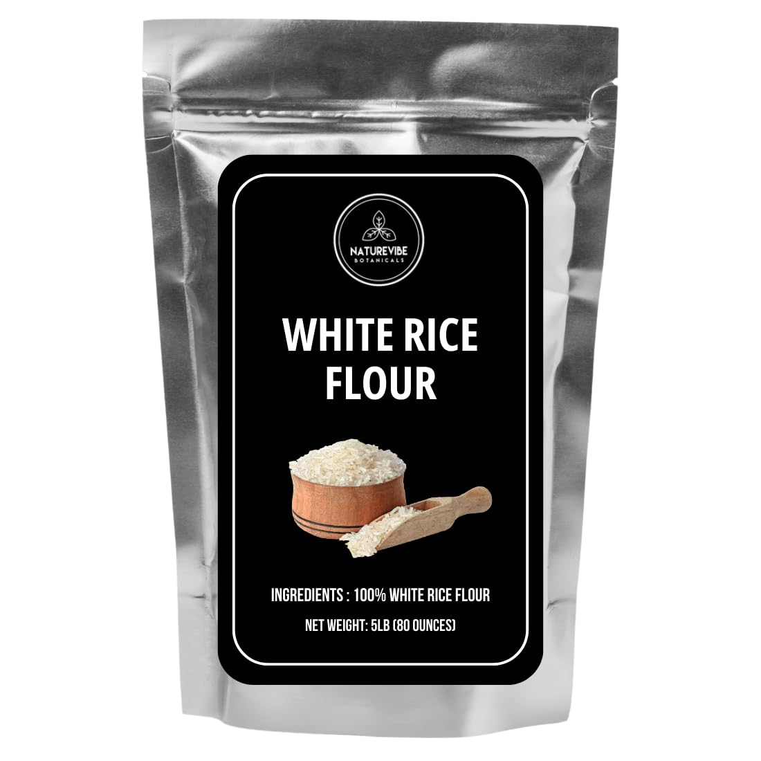 Naturevibe Botanicals White Rice Flour bag: premium gluten-free baking base.