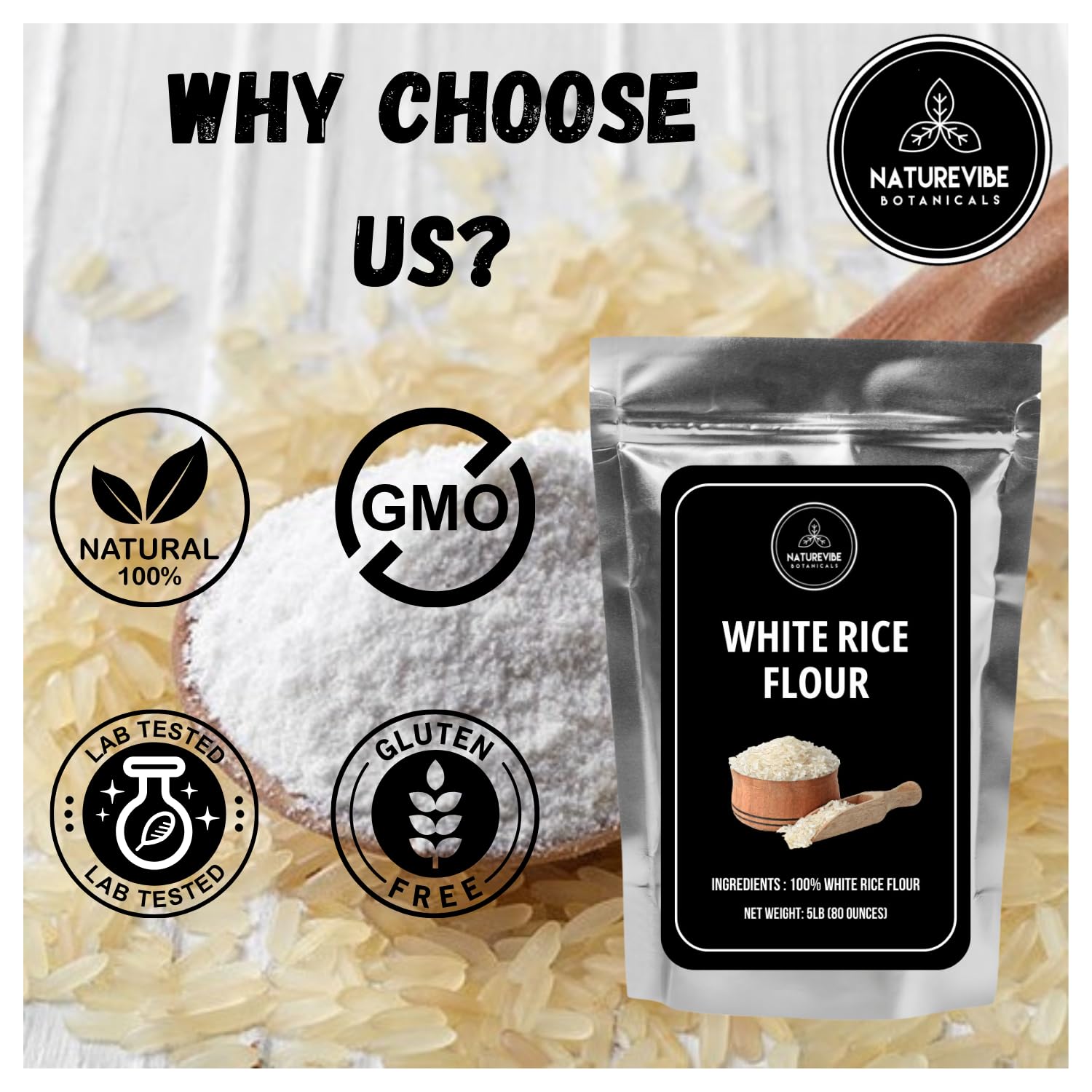 Naturevibe Botanicals White Rice Flour sealed-bag: preserves freshness at home.