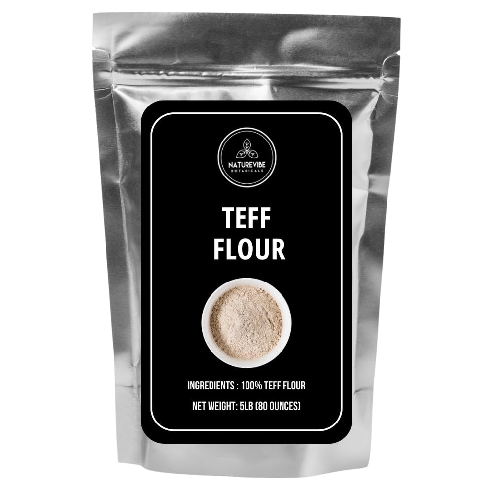 Naturevibe Botanicals Brown Teff Flour bag for authentic injera and home baking.
