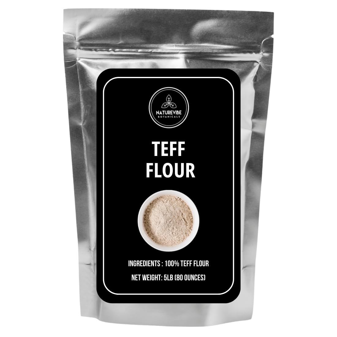 Naturevibe Botanicals Brown Teff Flour bag for authentic injera and home baking.