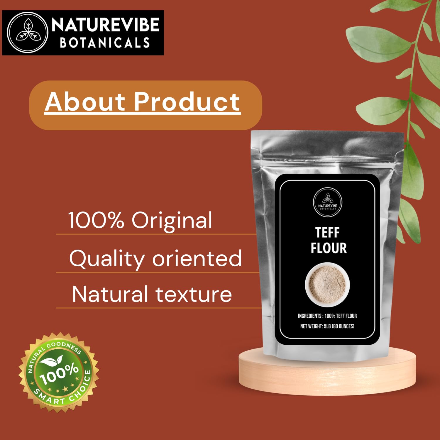 Naturevibe Botanicals Brown Teff Flour measuring spoon shot for precise portions.
