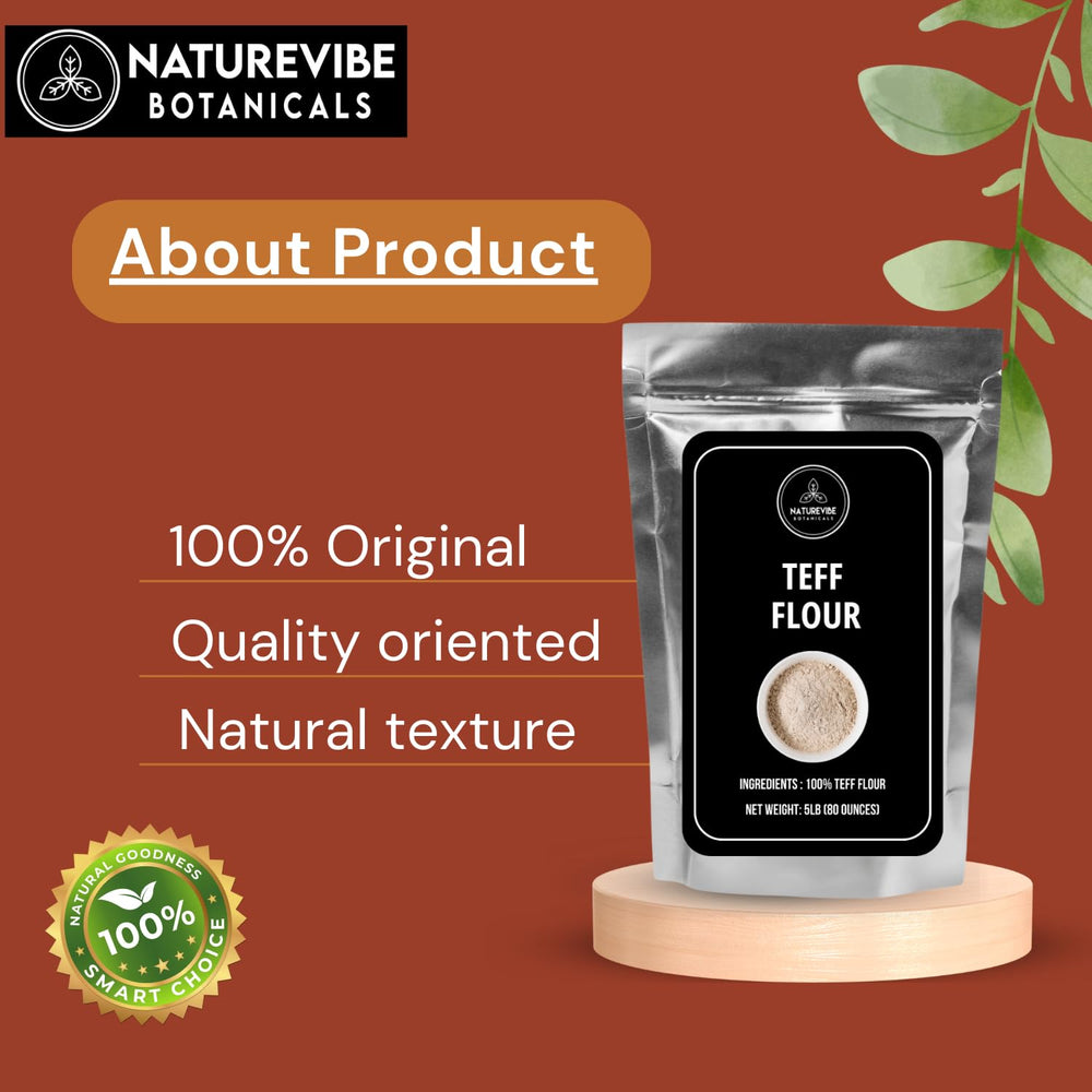 Naturevibe Botanicals Brown Teff Flour measuring spoon shot for precise portions.