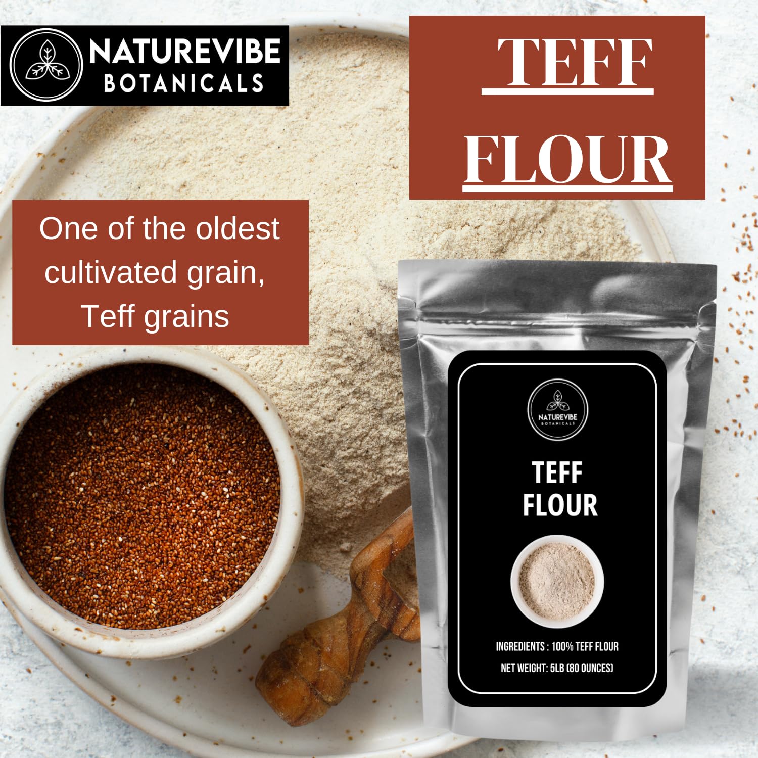 Naturevibe Botanicals Brown Teff Flour texture closeup highlighting fine grind.