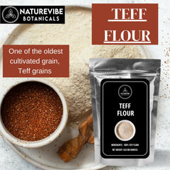 Naturevibe Botanicals Brown Teff Flour texture closeup highlighting fine grind.