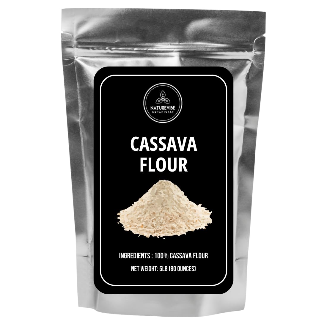 Naturevibe Botanicals cassava flour 5lb bag, versatile for baking and thickening.