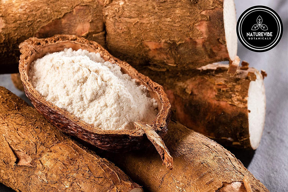 Naturevibe cassava flour packaging label highlights premium 5lb quality.