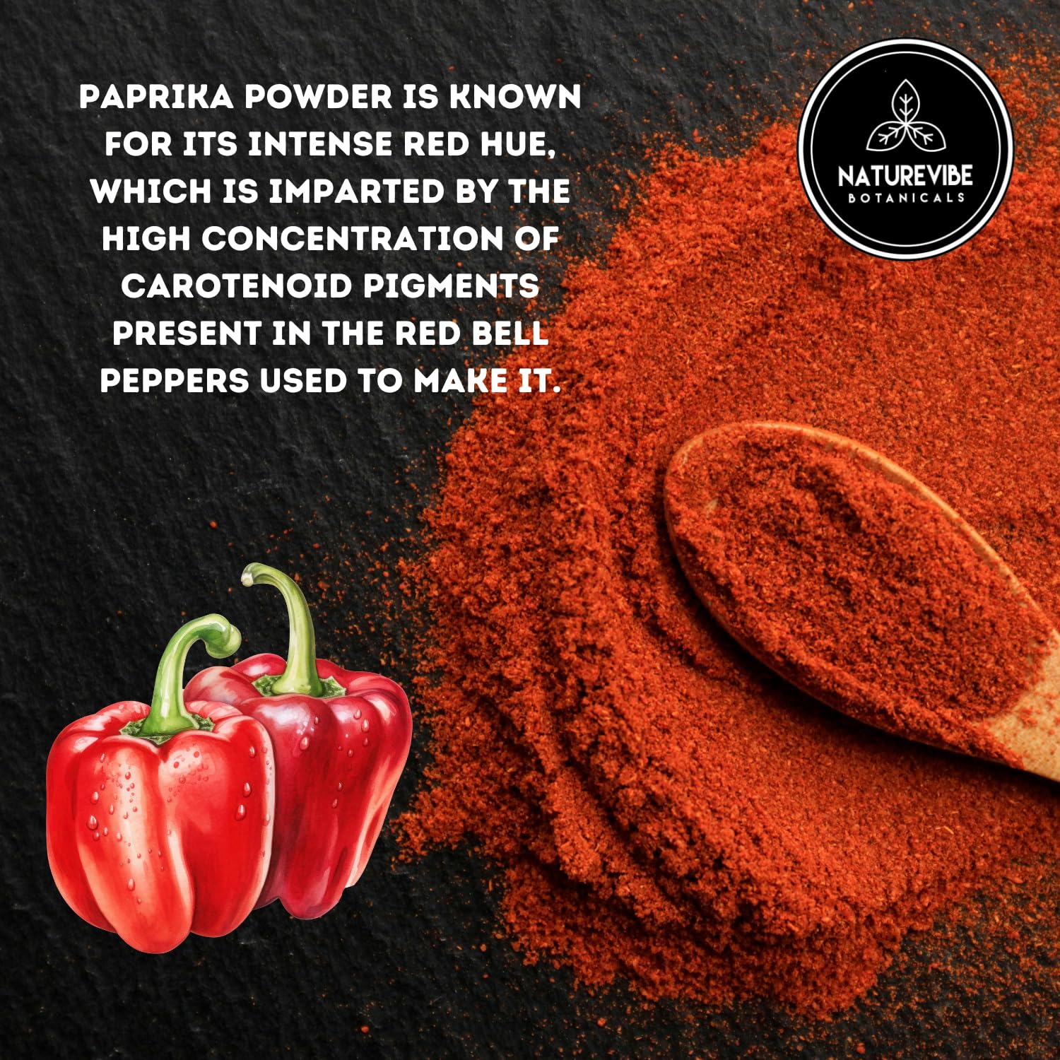 Naturevibe paprika powder jar label highlights purity and quality.