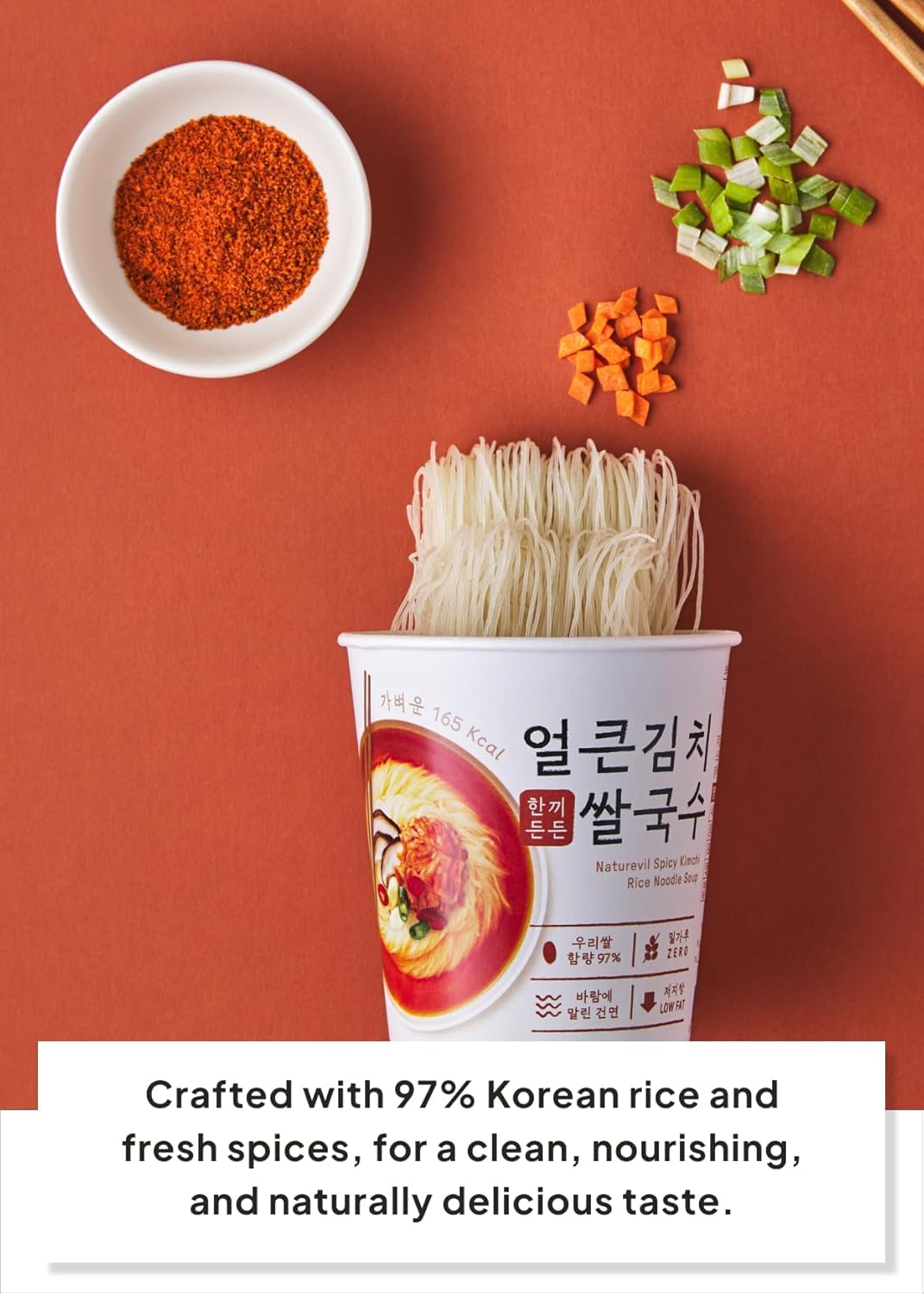 NATUREVIL Kimchi Rice Ramen Cup ingredients with kimchi flakes