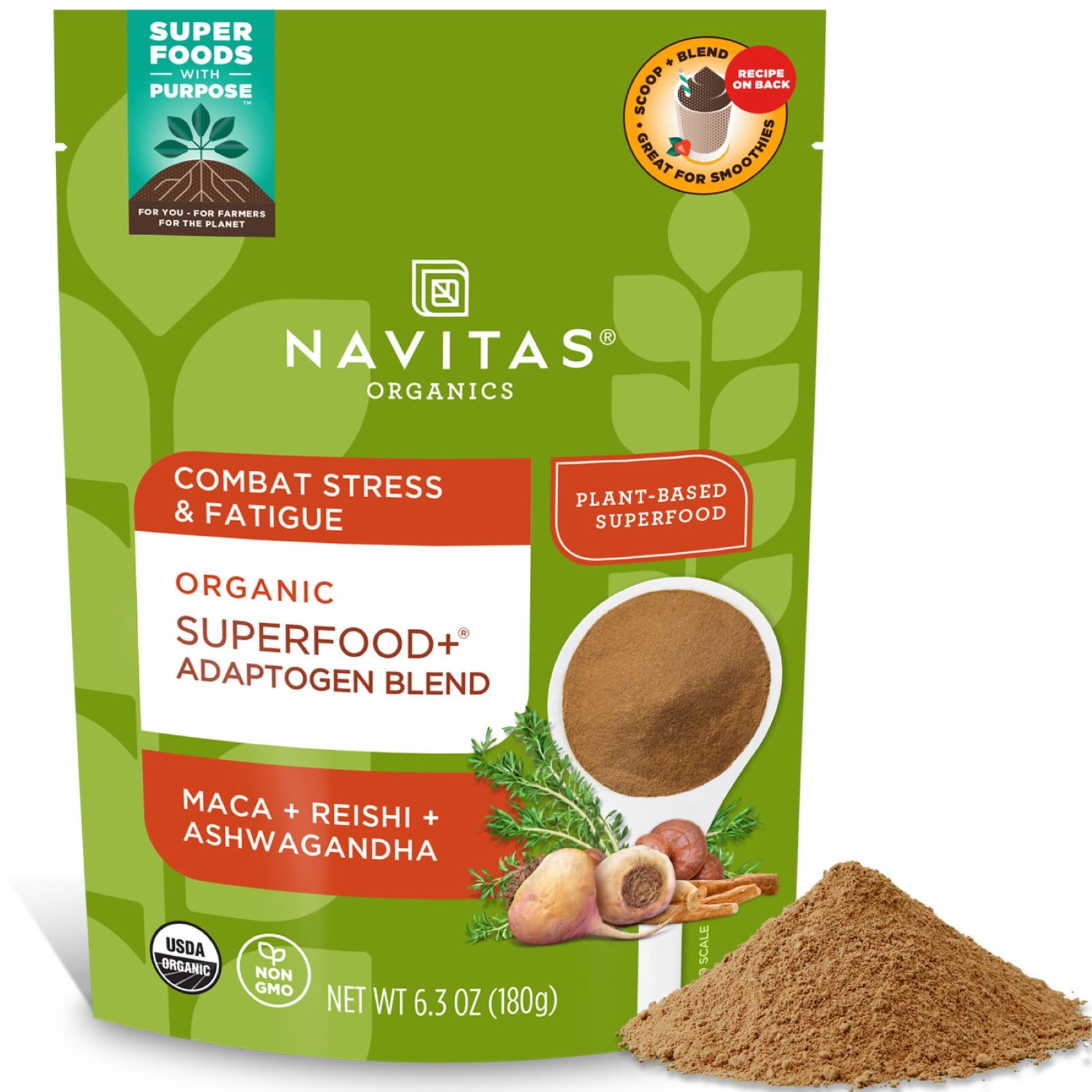 Navitas Organics Adaptogen Blen bottle ready for smoothies and bowls.