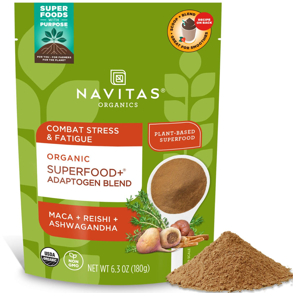 Navitas Organics Adaptogen Blen bottle ready for smoothies and bowls.