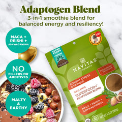 Spoonful of Navitas Adaptogen Blen added to oats for breakfast.