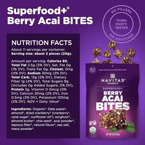 Navitas Bites Acai Berry closeup reveals chewy texture and vibrant flavors.
