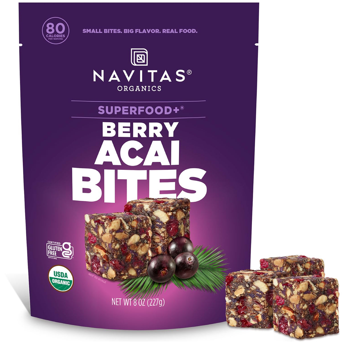 Navitas Bites Acai Berry packaging on shelf highlights premium convenience.