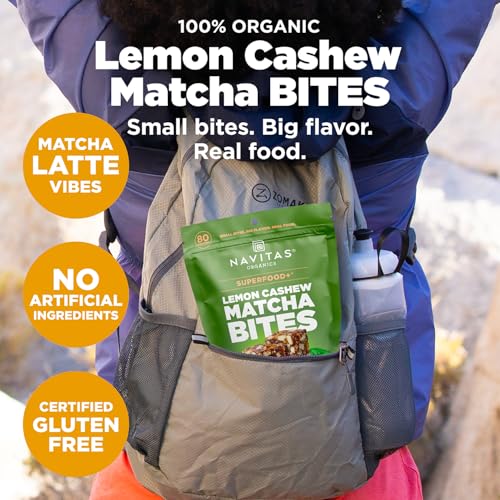 Close-up of Navitas Bites Lemn Cashew Matcha highlighting texture and quality ingredients.