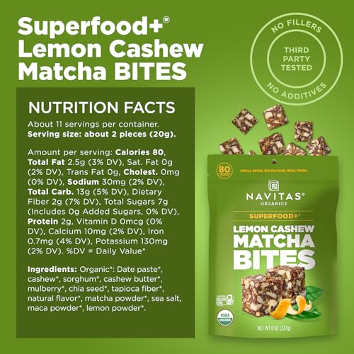 Ingredient view of Navitas Bites Lemn Cashew Matcha emphasizing cashews and matcha.
