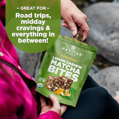 Navitas Bites Lemn Cashew Matcha in hand for a quick energizing snack.