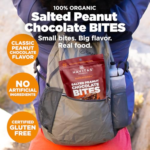 Navitas Bites Salted Peanut Chocolate in gym bag—great post-workout treat.