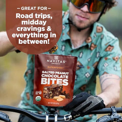Navitas Bites Salted Peanut Chocolate ingredients—premium components highlight quality sourcing.