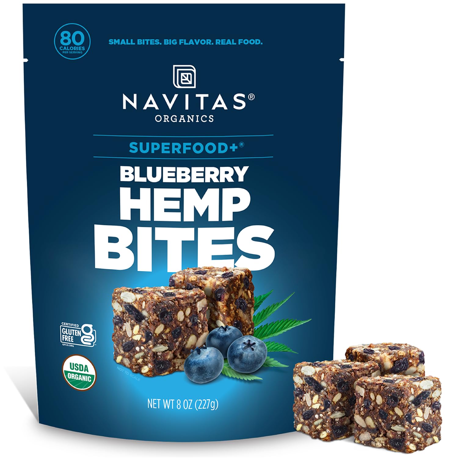 Navitas Organics Blueberry Hemp Power Snacks 8oz bag close-up, highlighting premium ingredients.