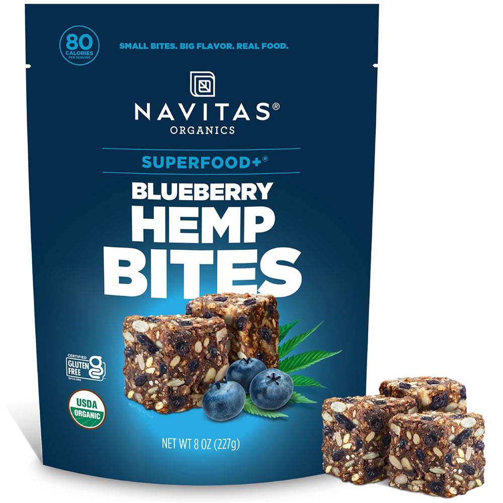 Navitas Organics Blueberry Hemp Power Snacks 8oz bag close-up, highlighting premium ingredients.