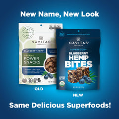 Navitas Organics Blueberry Hemp Power Snacks close-up shows antioxidant blueberries and hemp seeds for a quick energy lift.