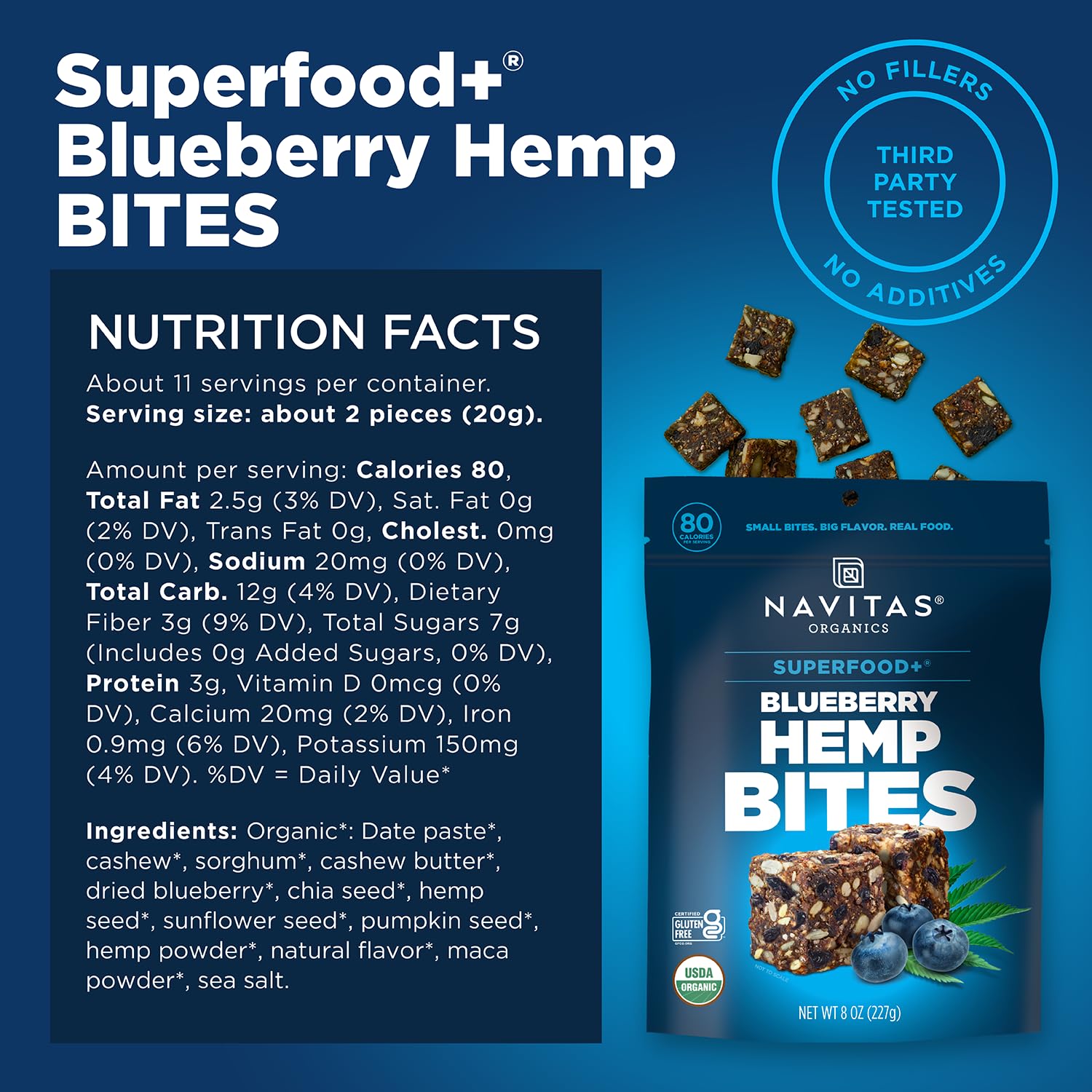Navitas Blueberry Hemp Power Snacks packaged, ideal for lunch boxes and on-the-go dining.