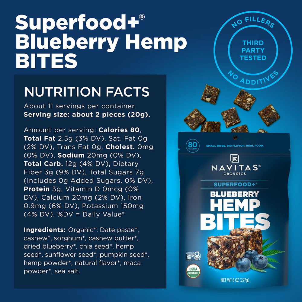 Navitas Blueberry Hemp Power Snacks packaged, ideal for lunch boxes and on-the-go dining.