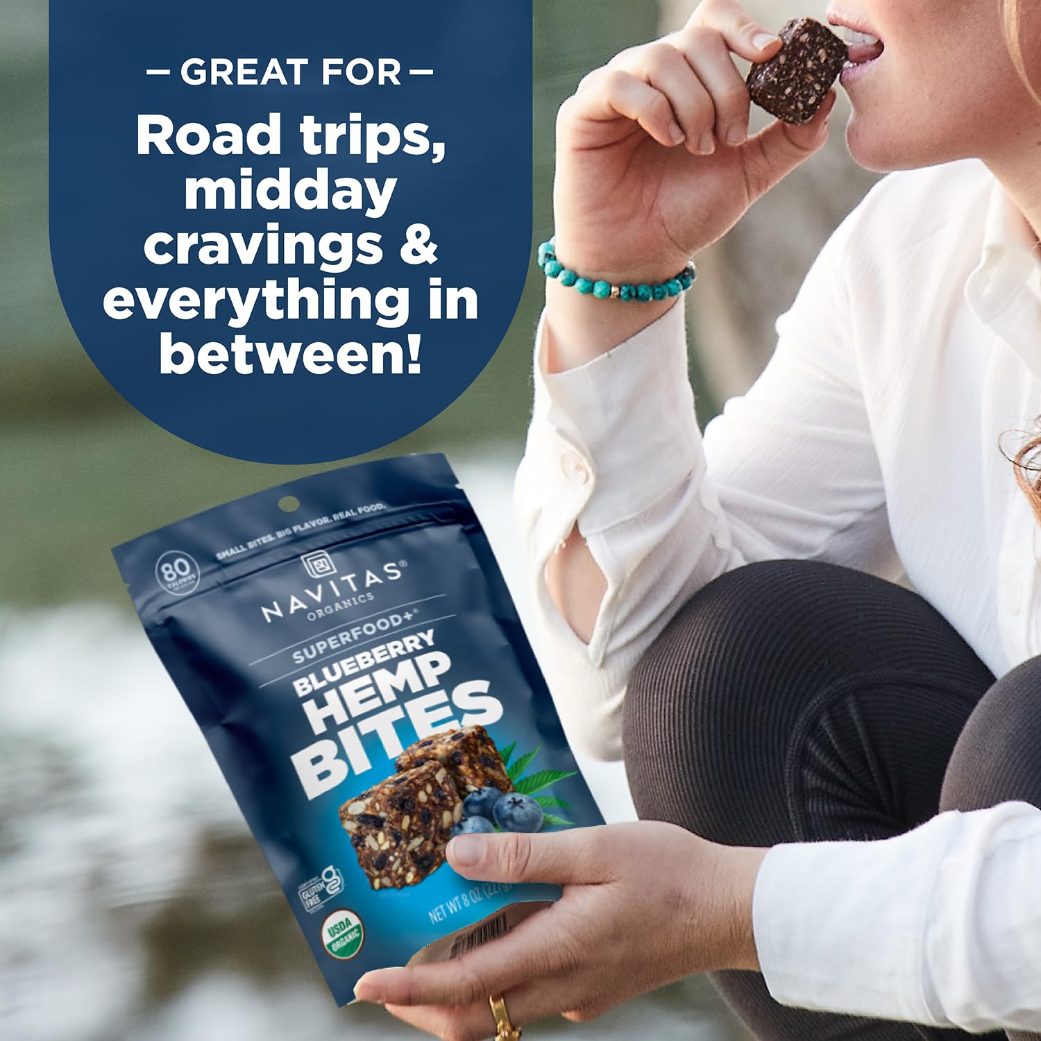 Navitas Blueberry Hemp Power Snacks USDA Organic label signaling plant-based snacking.