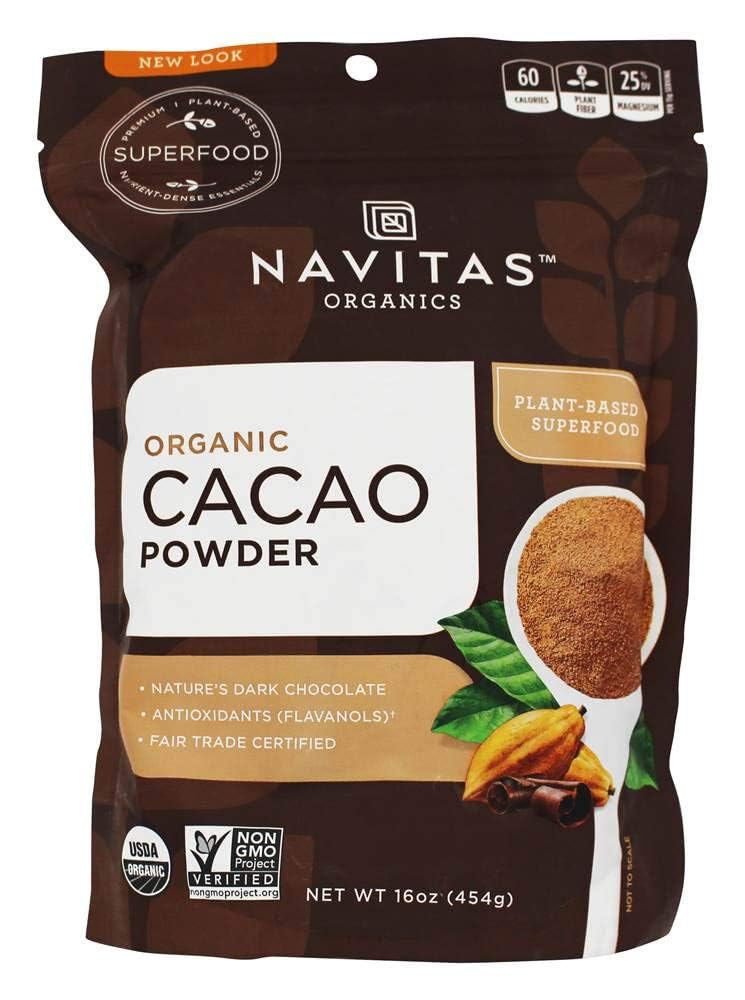 Navitas Organic Cacao Powder in a 16 oz bottle, ideal for baking and beverages.