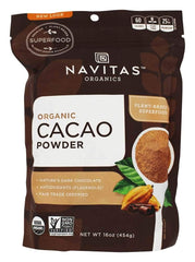 Navitas Organic Cacao Powder in a 16 oz bottle, ideal for baking and beverages.