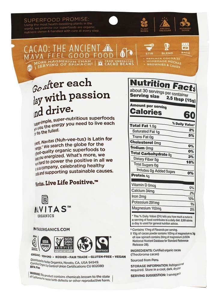 Navitas Organic Cacao Powder close-up shows rich color and fine texture for smoothies and desserts.