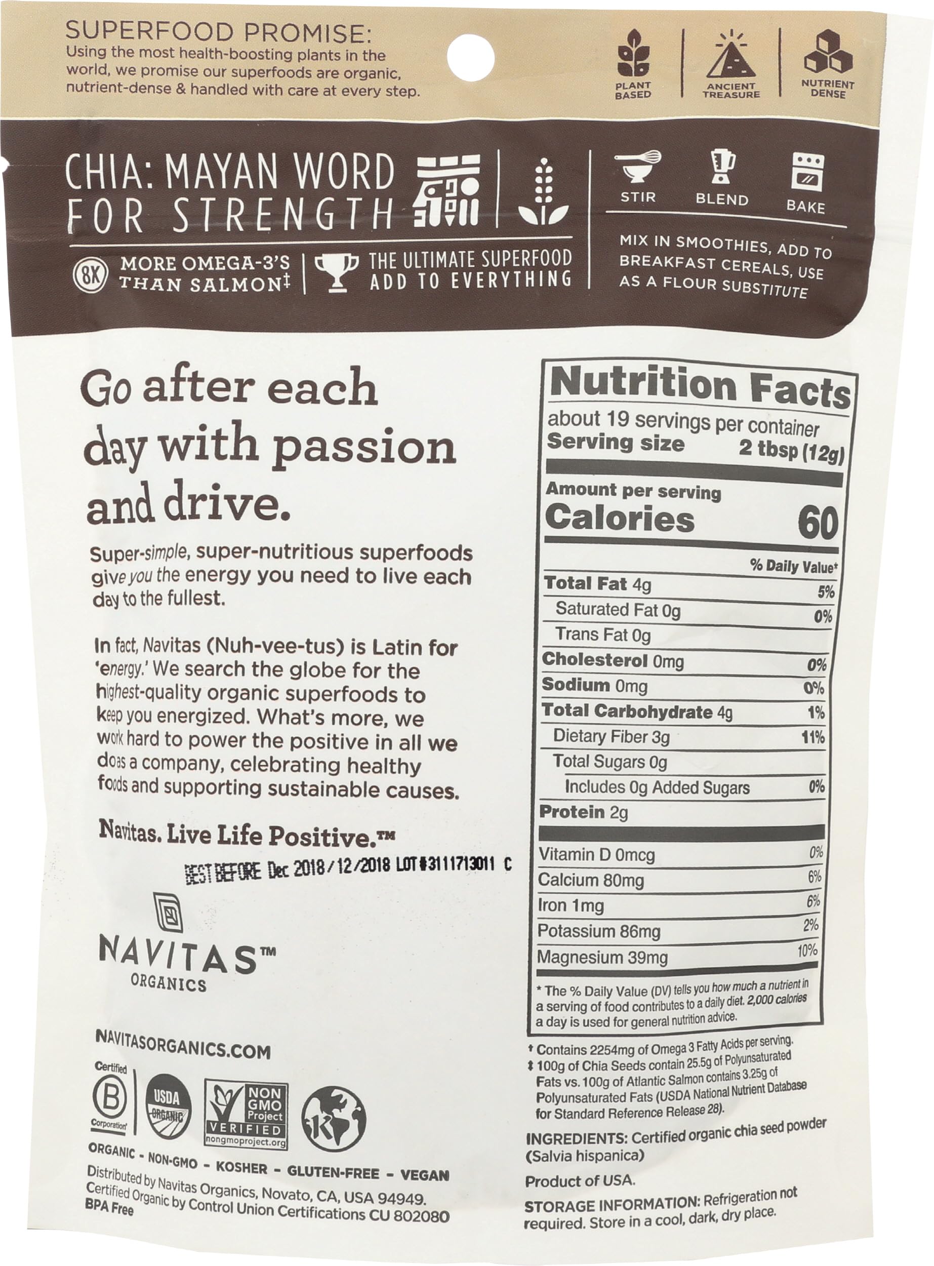 Navitas Chia Seed Powder scoop beside jar for easy, measured portions.