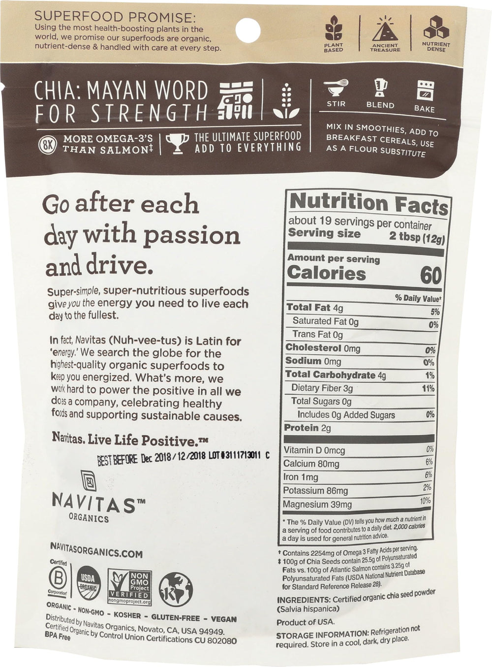 Navitas Chia Seed Powder scoop beside jar for easy, measured portions.