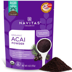 Navitas Organics Acai Powder bag and pour spout for easy antioxidant boosts in smoothies.