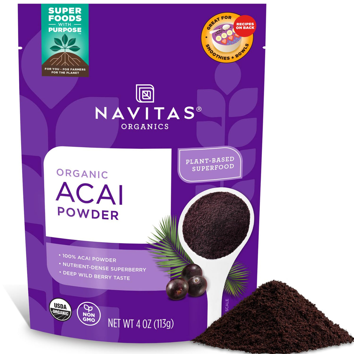 Navitas Organics Acai Powder bottle for easy smoothies and bowls.