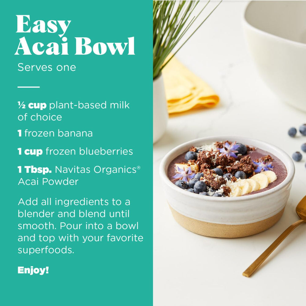 Navitas Organics Acai Powder bowl scene highlighting vibrant acai bowls.