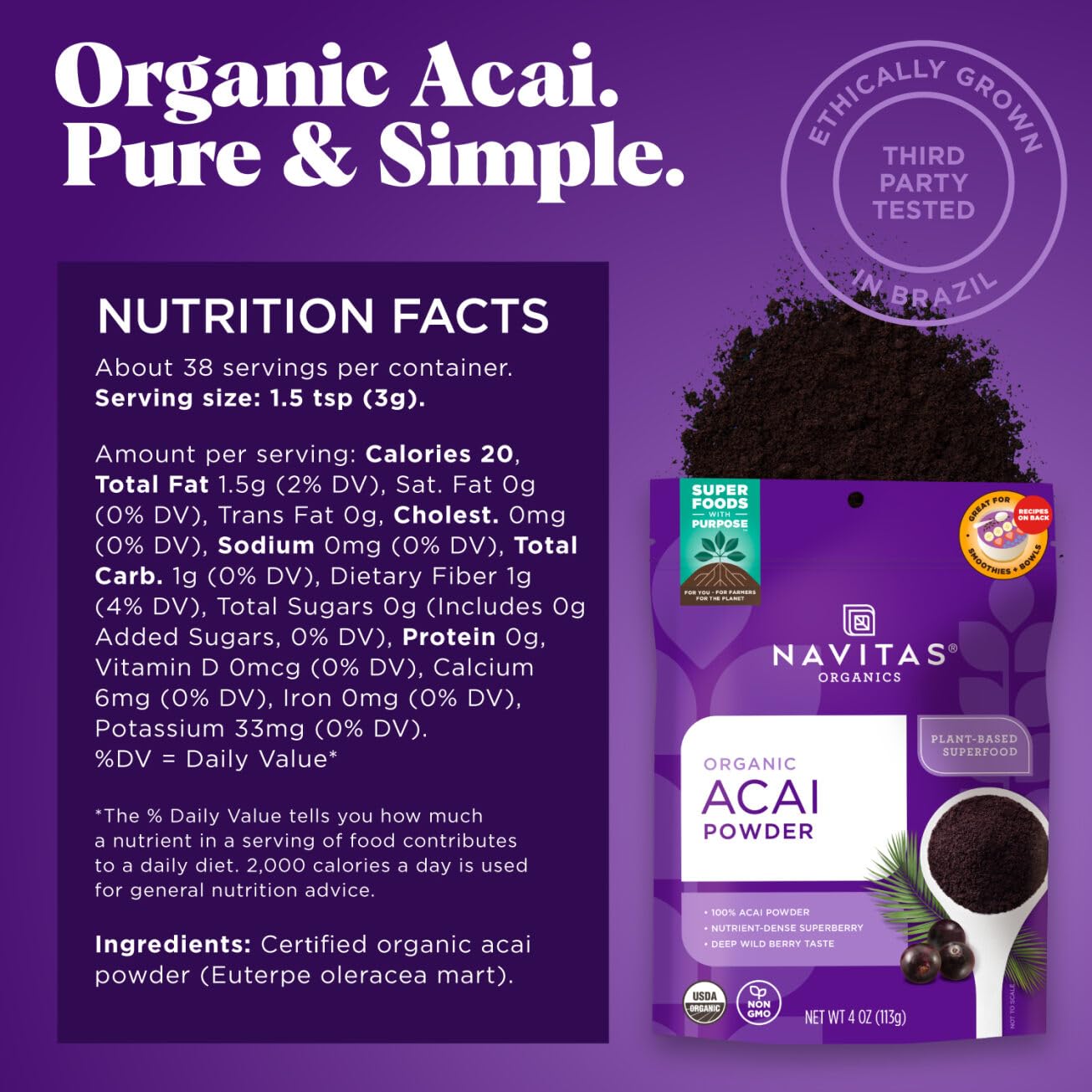 Navitas Organics Acai Powder jar close-up with rich color for premium bowls.
