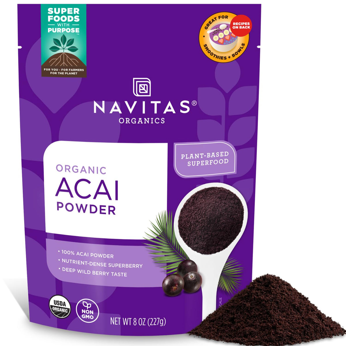 Navitas Organics Acai Powder packaging shows organic freeze-dried berries for quick bowls