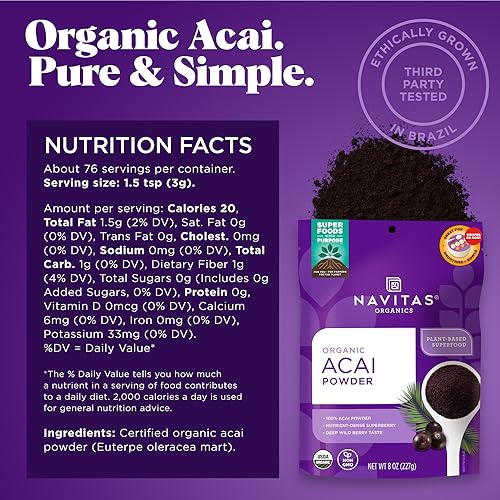 Navitas Organics Acai Powder being poured, ideal for smoothies
