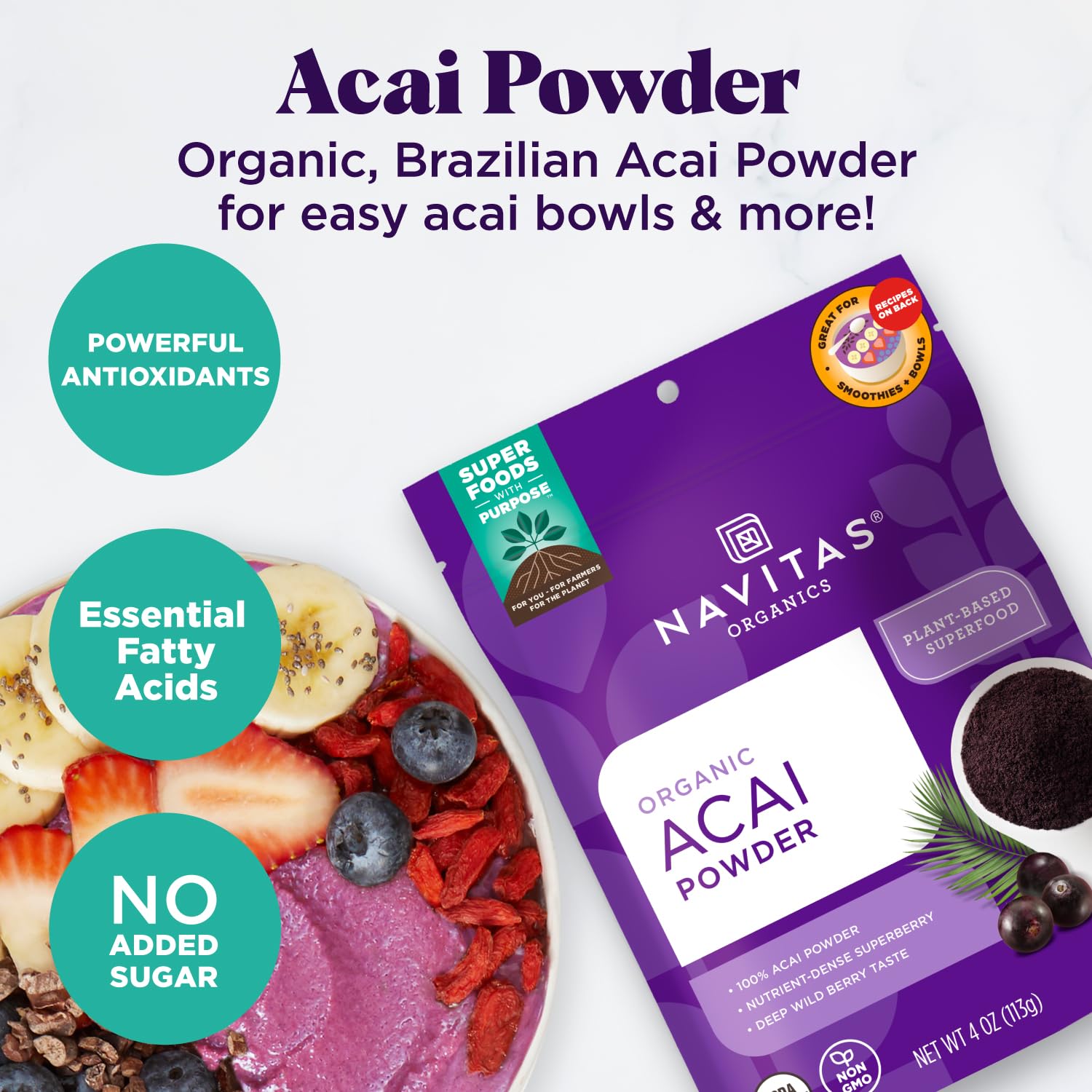 Navitas Organics Acai Powder being poured into a shaker to mix.