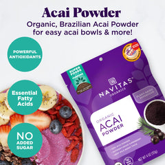 Navitas Organics Acai Powder scoop ready for precise portions in recipes.