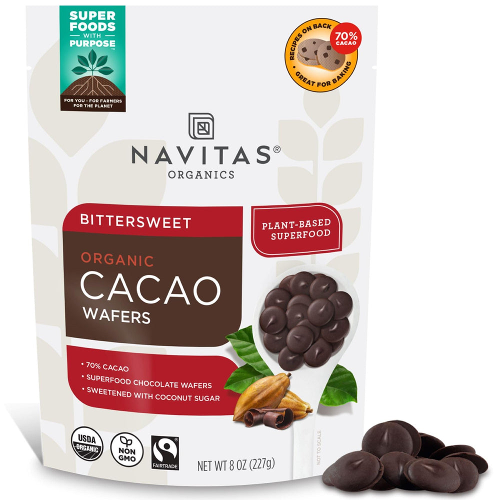 Navitas Organics bittersweet cacao wafers with 70% cacao for rich baking and snacking