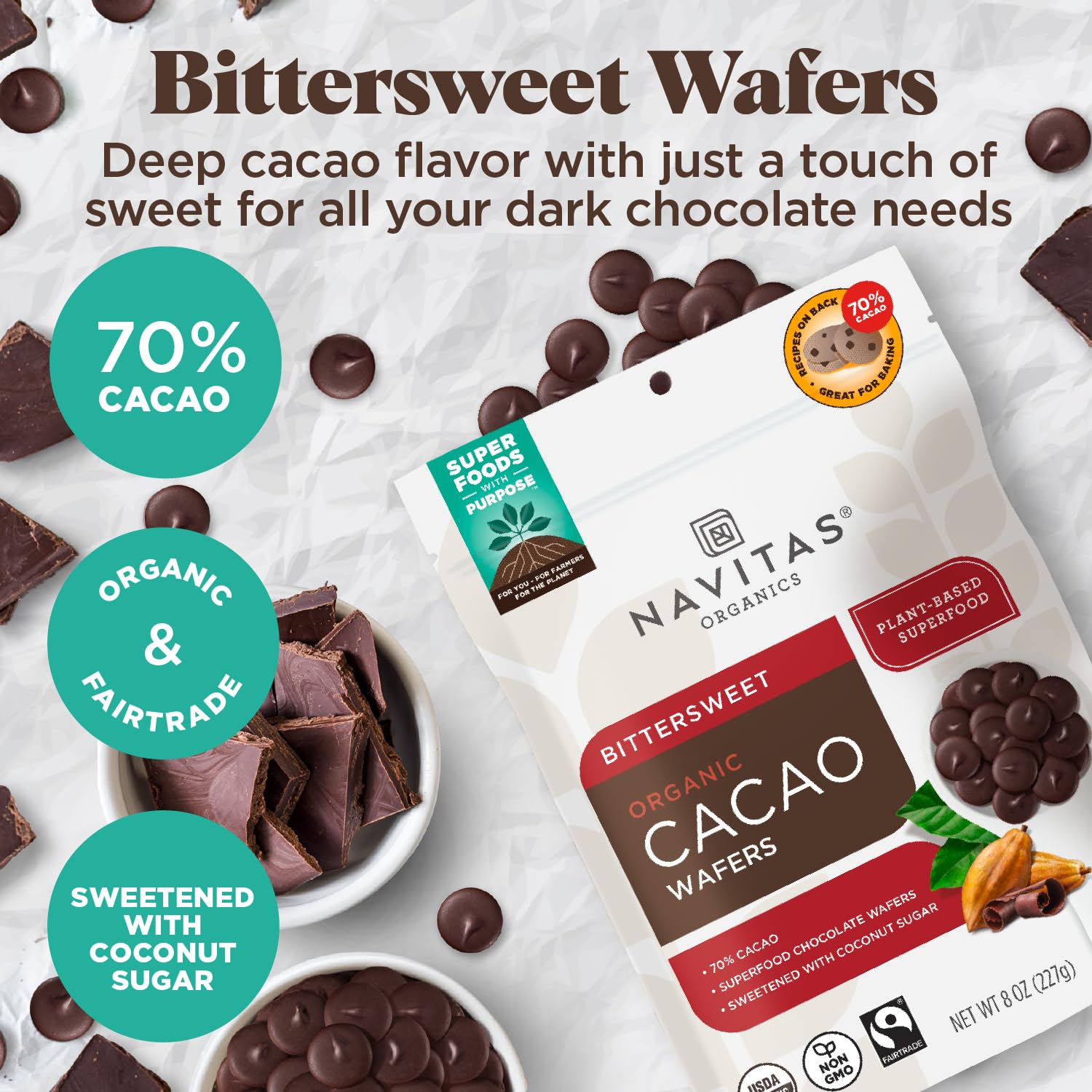 Navitas Organics cacao wafers packaging shot for premium pantry use