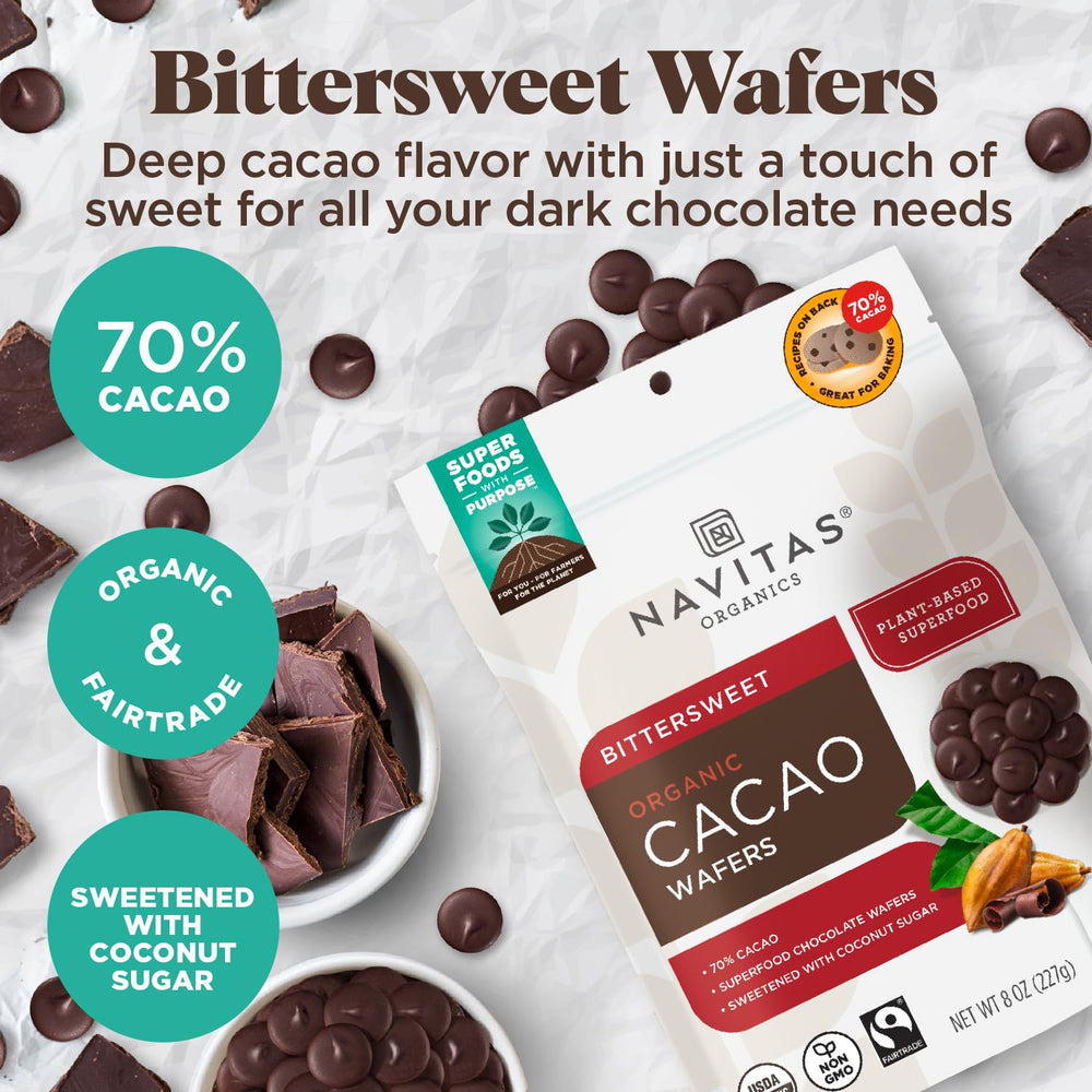 Navitas Organics cacao wafers packaging shot for premium pantry use